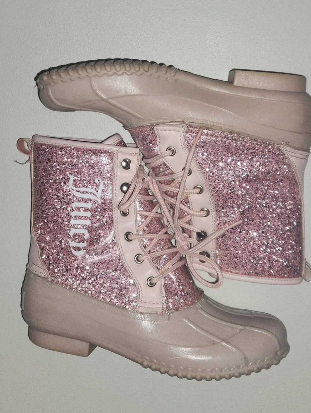 Pink Glitter Juicy Couture Lace-Up Duck Boots for Women Size 8